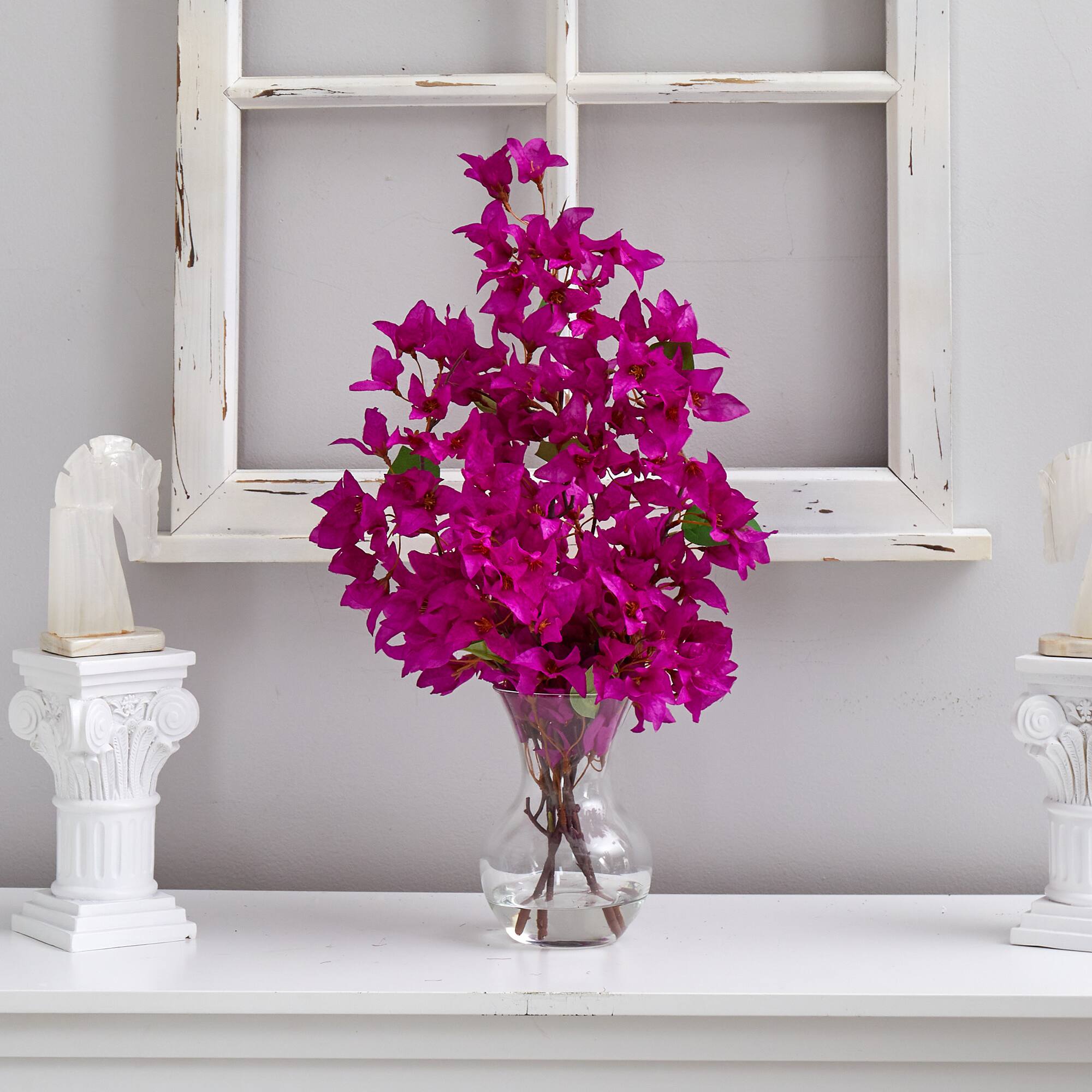 22" Artificial Purple Bougainvillea Arrangement with Fluted Glass Vase